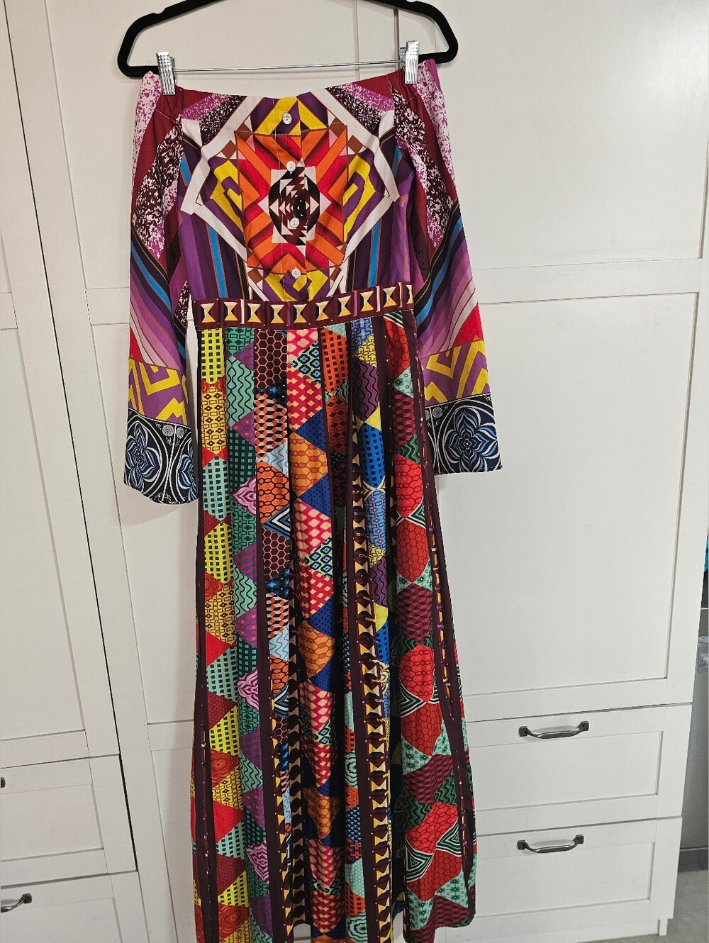 L'Atiste Bold Multicolor Geometric Tribal Long Sleeve Off Shoulder Maxi Dress S